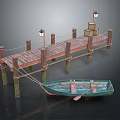 Rustic Wooden Dock With Lamp Posts Ropes Crate And Small Rowboat 3d model