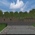 Beige Garden Wall Design With Decorative Railings Columns Green Trees And Paved Path
