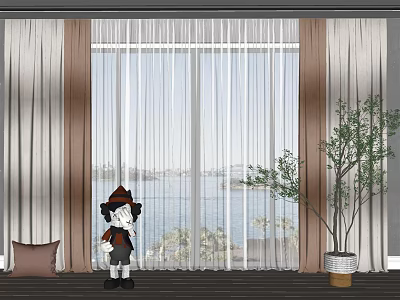 Elegant Double Layer Window Curtains With Sheer Fabric For Ocean View Living Room 3d model