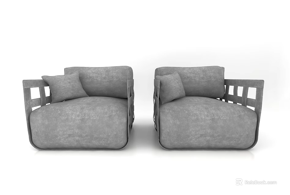 Two Gray Single Sofas with Lattice Design Armrests and Comfortable Cushion 3d model