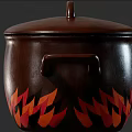 Brown Ceramic Cookware with Lid Two Handles and Flame Pattern Design 3d model