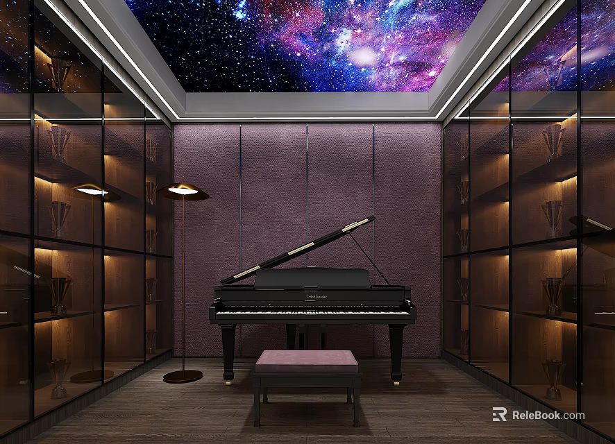Stylish Piano Room With Grand Piano Starry Sky Ceiling And Glass Cabinets 3d model 