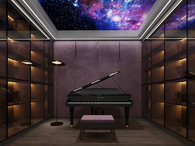 Stylish Piano Room With Grand Piano Starry Sky Ceiling And Glass Cabinets 3d model