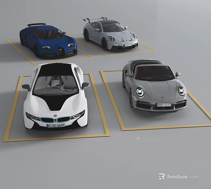 Four Different Colored Sports Cars From Various Brands In Yellow Parking Spaces 3d model 