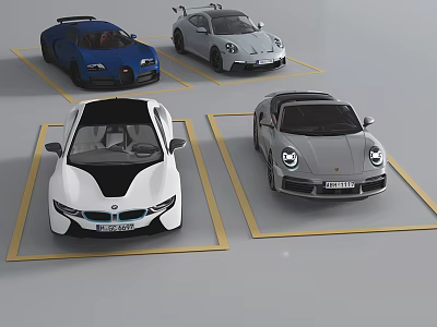 Four Different Colored Sports Cars From Various Brands In Yellow Parking Spaces 3d model