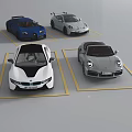 Four Different Colored Sports Cars From Various Brands In Yellow Parking Spaces