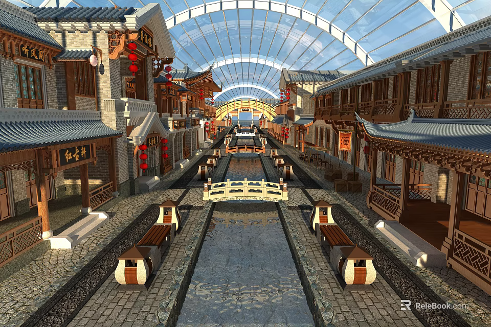 Chinese style Commercial Street With Glass Dome Stone paved Path Small Bridge And Lanterns 3d model 