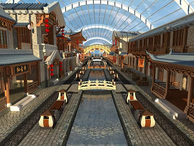 Chinese style Commercial Street With Glass Dome Stone paved Path Small Bridge And Lanterns 3d model