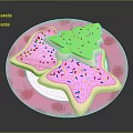 Festive Green and Pink Christmas Tree Star Cookies on Pink Strawberry Pattern Plate with Sprinkles