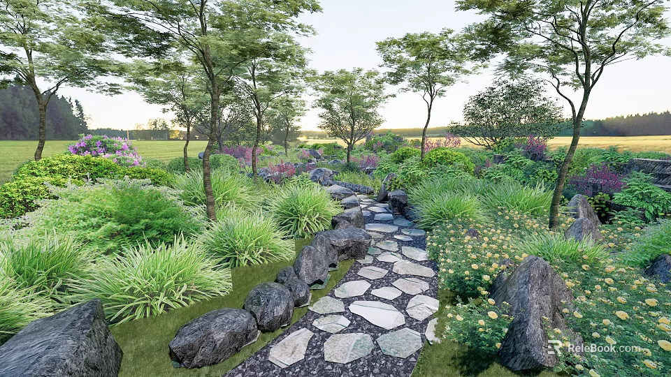 Natural Stone Garden Path Paving With Green Plants Trees And Colorful Flowers 3d model 