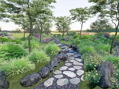 Natural Stone Garden Path Paving With Green Plants Trees And Colorful Flowers 3d model