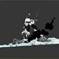 Heroic Character Confronting Magical Creature In Snowy Terrain With Flames Smoke And Rocks