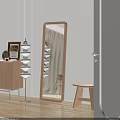 Modern Wooden Frame Mirror In Minimalist Interior With Floor Lamp And Stool Decor