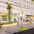 Modern Commercial Building Exterior With Glass Curtain Wall Palm Trees Outdoor Seating And Yellow Umbrellas