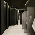 Modern Public Restroom With Three White Cylindrical Sinks Gold Faucets Black Vertical Striped Walls Mirrors