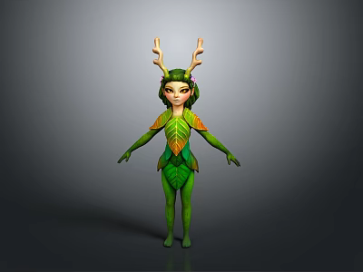 Nature Inspired Green Leaf Decorative Figure With Antler Headpiece For Home 3d model