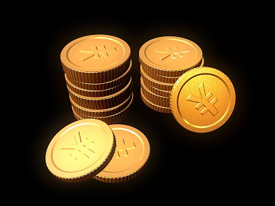 Luxury Gold Coin Design Jewelry Stacked And Scattered On Black Background 3d model