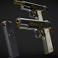 Two Engraved Pistols With Gold Accents Light Colored Grips And Magazine