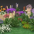 Vibrant Mixed Blossoms on Oval Grass Lawn with Wooden Boxes and Stumps