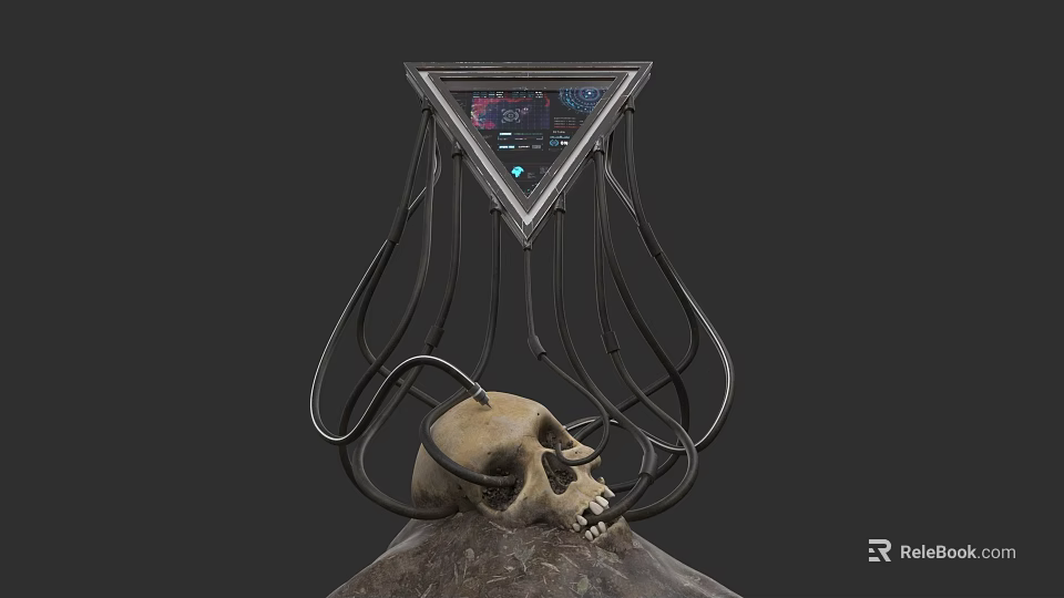 Triangular Sci Fi Screen With Cables Connected To Skull On Rock Base 3d model 