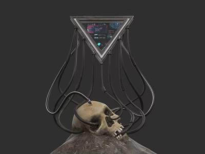 Triangular Sci Fi Screen With Cables Connected To Skull On Rock Base 3d model
