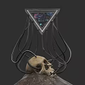 Triangular Sci Fi Screen With Cables Connected To Skull On Rock Base