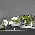 Modern Sales Office Building With Curved Roof Greenery And Surrounding High Rise Buildings