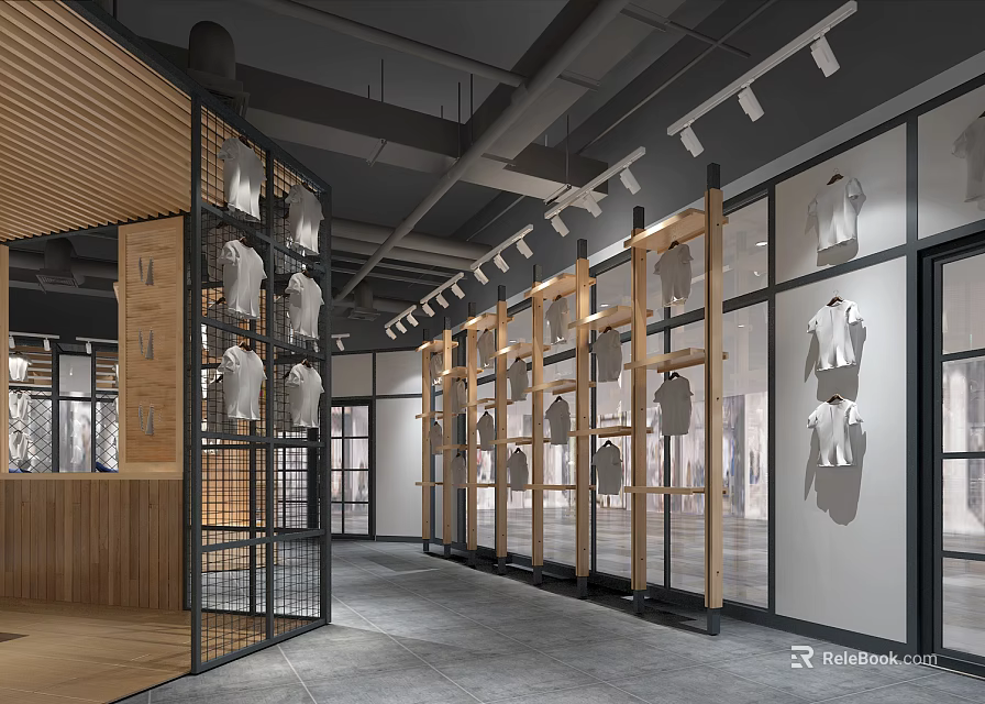 Modern Clothing Store Interior With Wooden Metal Racks Hanging Clothes And Bright Lighting 3d model 