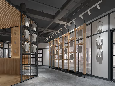 Modern Clothing Store Interior With Wooden Metal Racks Hanging Clothes And Bright Lighting 3d model