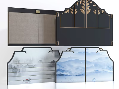 Elegant Chinese Style Panels With Landscape Painting And Golden Leaf Decoration 3d model