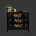 Black Wooden Cabinet With Floral Fruit Paintings Green Plant Golden Vase And Book