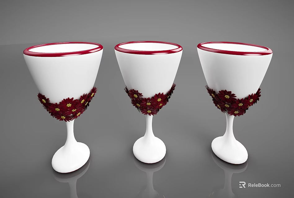 Three Goblet Shaped Decorative Ornament Set White With Red Rim And Floral Accents 3d model 