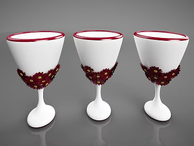 Three Goblet Shaped Decorative Ornament Set White With Red Rim And Floral Accents 3d model