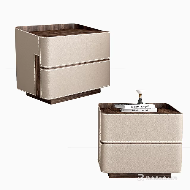 Modern Minimalist Beige Leather Bedside Table With Wooden Frame And Drawers 3d model 