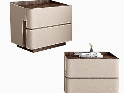 Modern Minimalist Beige Leather Bedside Table With Wooden Frame And Drawers 3d model