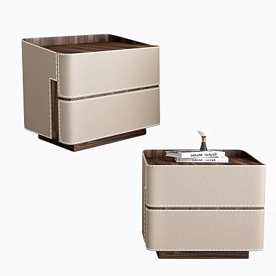 Modern Minimalist Beige Leather Bedside Table With Wooden Frame And Drawers 3d model