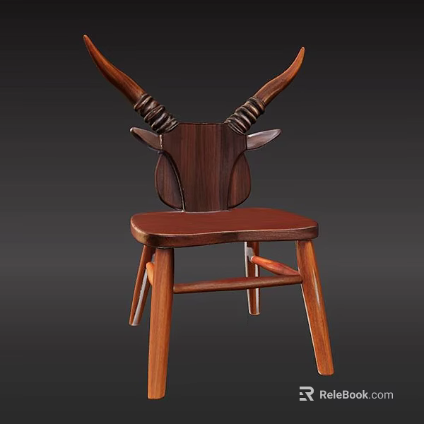 Unique Wooden Stool Featuring Antler Shaped Backrest Solid Wood Brown Finish Design 3d model