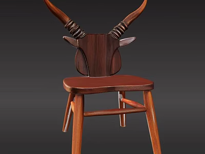 Unique Wooden Stool Featuring Antler Shaped Backrest Solid Wood Brown Finish Design 3d model