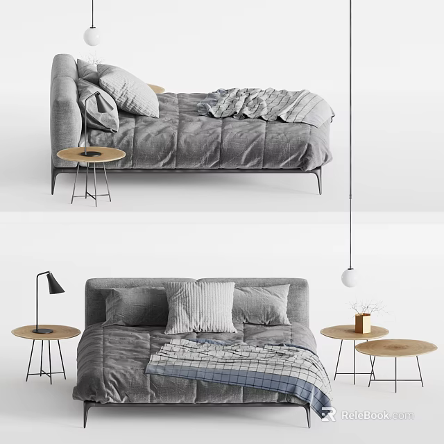 Modern Gray Velvet Double Bed With Plaid Bedspread Pillows And Round Side Tables 3d model