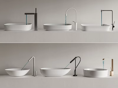 Modern Washbasin Designs Featuring Various Faucet Styles and White Basins 3d model