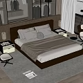Modern Double Bed Interior With Dark Headboard Beige Bedding Nightstands And Accent Chair