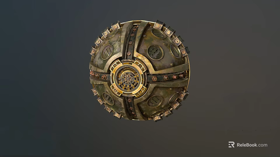 Vintage Mechanical Style Spherical Decorative Ornament Set With Intricate Patterns And Golden Details 3d model 