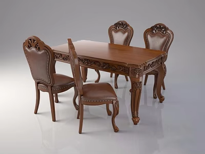 Classical Wooden Dining Table Set With Four Carved Chairs And Ornate Details 3d model
