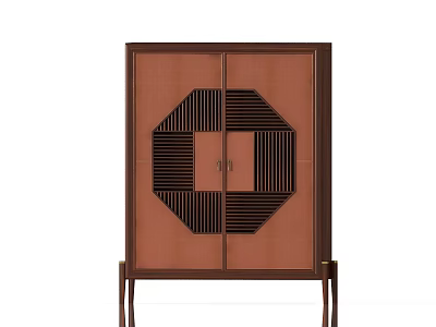 Brown Chinese Style Wooden Wardrobe With Octagonal Pattern Double Doors And Slender Legs 3d model