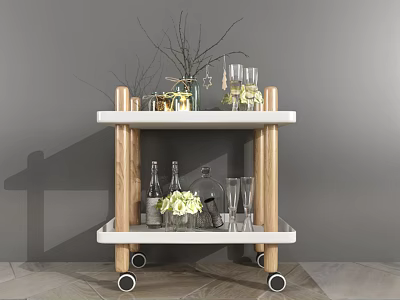 Stylish Tiered Bar Cart With Wooden Frame White Top Wine Glasses Flower Vase And Branches 3d model