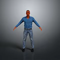 Man wearing blue shirt and jeans with black shoes stands arms outstretched against grey background