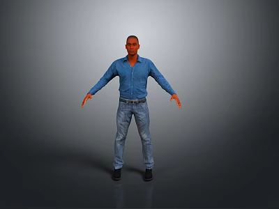 Man wearing blue shirt and jeans with black shoes stands arms outstretched against grey background 3d model