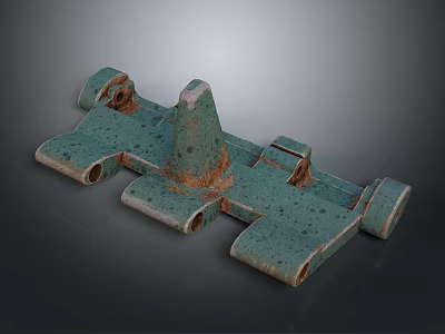 Ancient Weapon Structure Featuring Green Metal Surface And Rusted Wheel Components 3d model