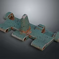 Ancient Weapon Structure Featuring Green Metal Surface And Rusted Wheel Components 3d model