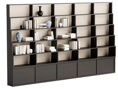 Modern Wooden Bookcase With Multiple Shelves Books Decorative Vases And Storage Drawers 3d model